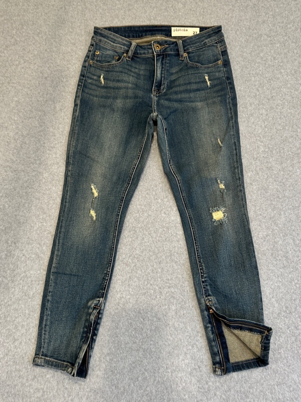 Pistola Distressed Dark Blue Ankle Zip Slim Jeans